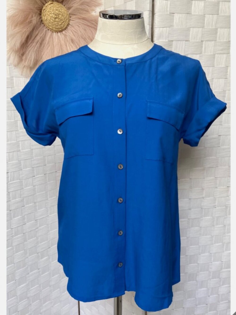 J. Jill Royal Blue Cap Sleeve Button Up Pocketed Shirt Top Size XS FX1